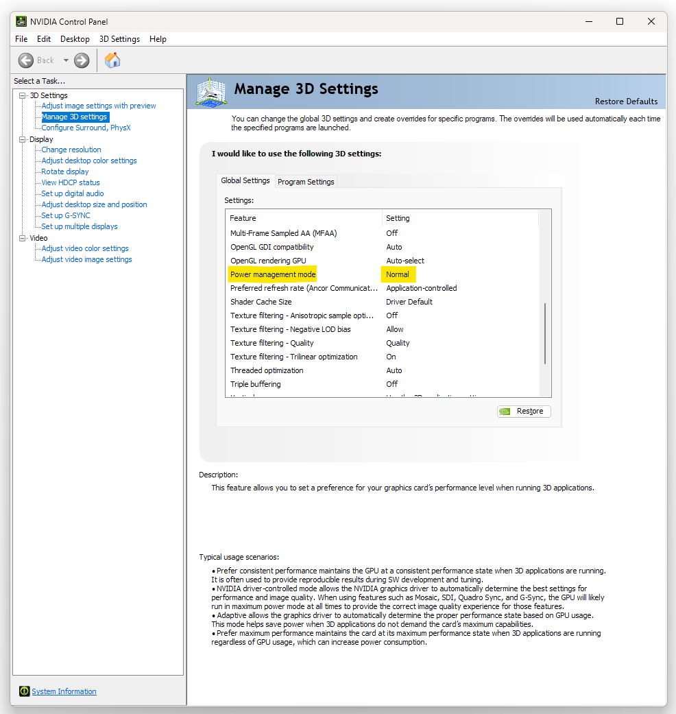 NVIDIA 3D Settings